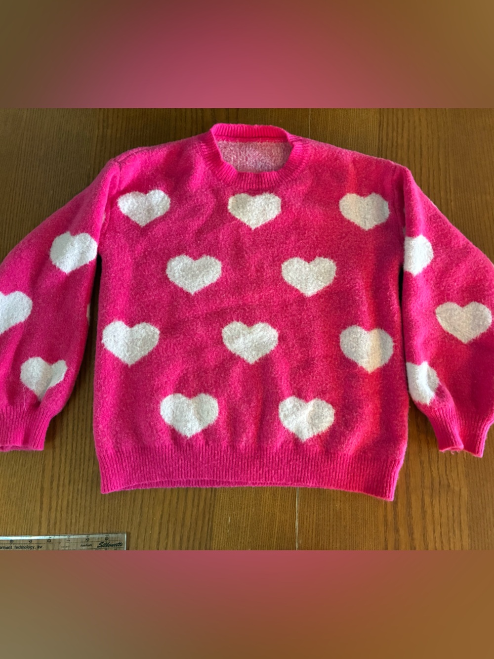 Hot Pink Heart Print Crewneck Sweater - Women's Cozy Knit